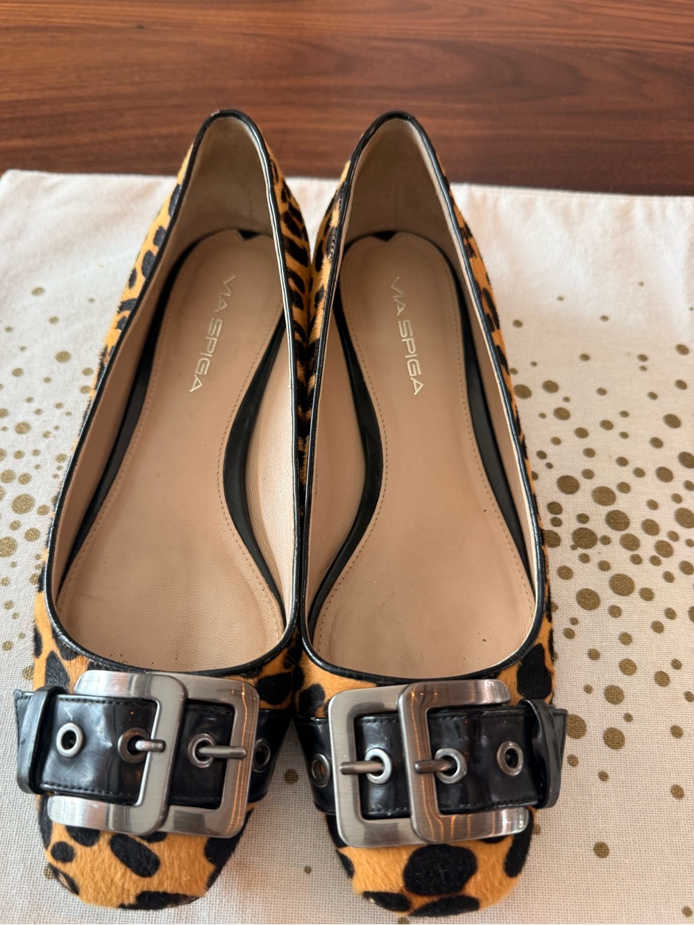 Via Spiga Women’s Leopard-Print Buckle Flats in Tan and Black
